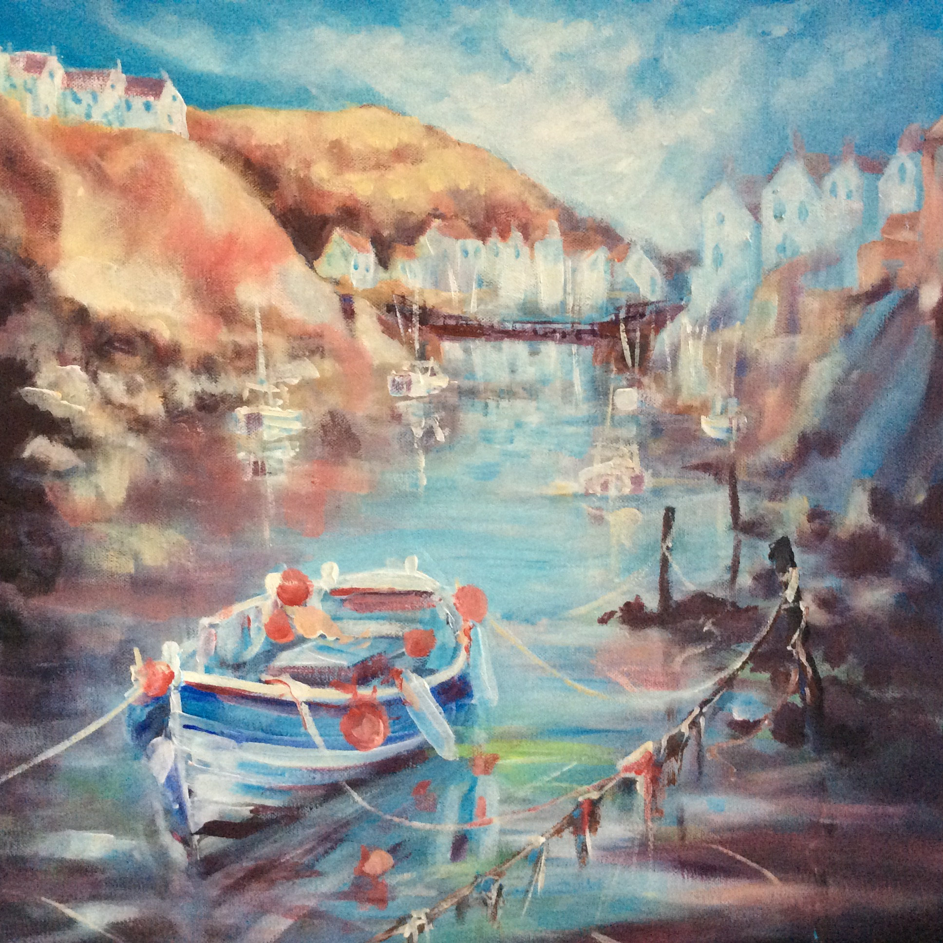 A calm boat painting in staithes, north yorkshire